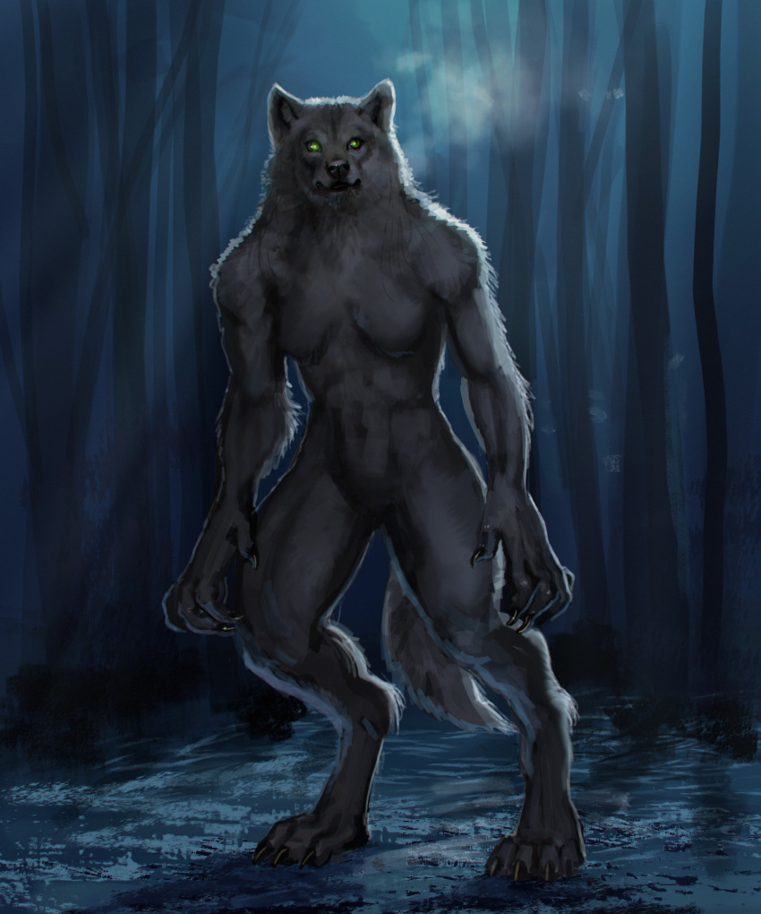 2019 5:6 absurd_res anthro breasts breath canid canine digital_media_(artwork) digitigrade female forest fur grass green_eyes grey_body grey_fur hi_res liminalbean looking_at_viewer mammal naturally_censored night outside plant solo standing tree were werecanid werecanine werewolf