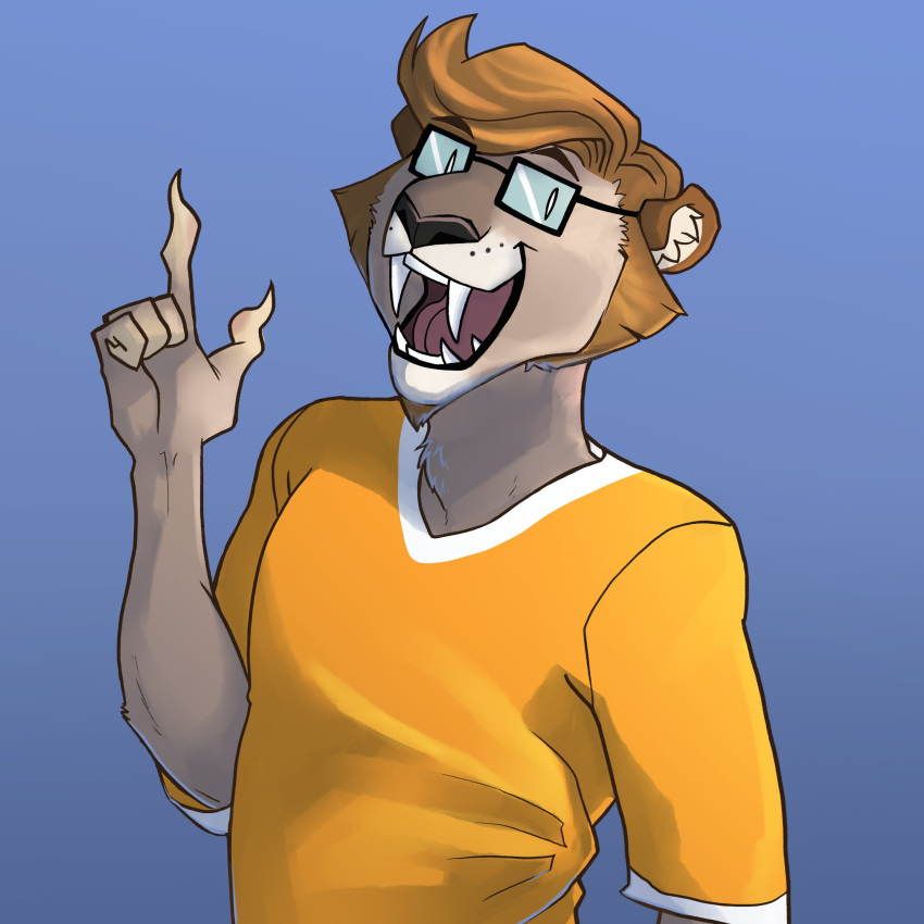 1:1 2021 absurd_res anthro brown_body brown_fur clothing eyebrows eyewear fangs felid fur gesture glasses hi_res inner_ear_fluff looking_at_viewer machairodontine male mammal open_mouth raised_finger raised_index_finger saberspark saberspark_(character) sabertooth_(anatomy) shirt solo tongue topwear triptogames tuft