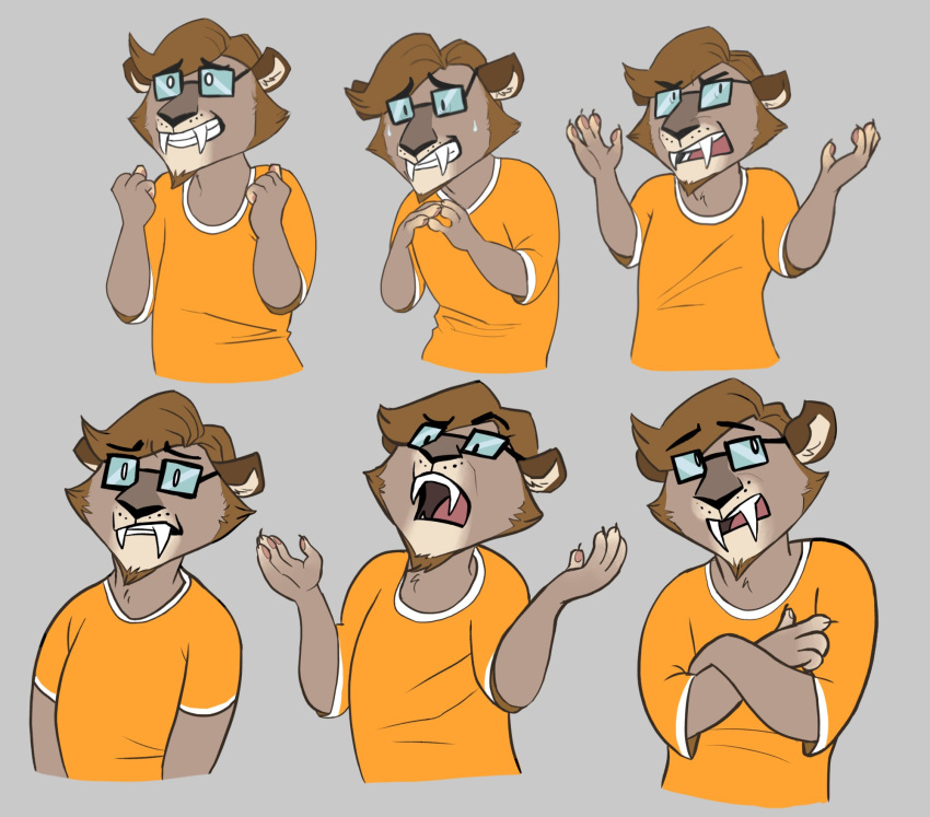 2021 alternate_species anthro bodily_fluids brown_body brown_fur clothing concerned crossed_arms eyebrows eyewear fangs felid fur glasses grey_background hair hi_res looking_at_viewer machairodontine male mammal open_mouth saberspark saberspark_(character) sabertooth_(anatomy) shirt short_hair simple_background solo sweat sweatdrop tan_body tan_fur topwear triptogames