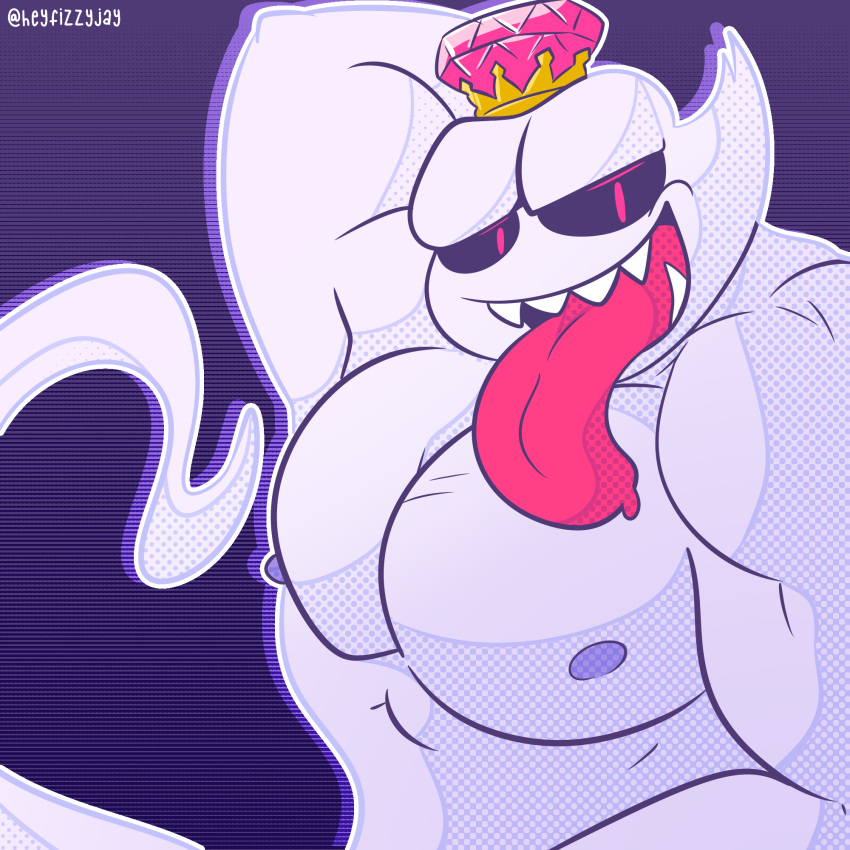1:1 alternate_species anthro boo_(mario) digital_media_(artwork) fizzyjay ghost hi_res king_boo looking_at_viewer luigi's_mansion male mario_bros muscular muscular_anthro muscular_male nintendo nipples not_furry nude open_mouth pecs simple_background solo spirit video_games