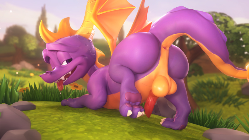 16:9 3_toes 3d_(artwork) 4k absurd_res activision anus balls bedroom_eyes big_butt bodily_fluids butt claws colonelyobo digital_media_(artwork) dragon drooling feet feral genitals grass hi_res horn looking_back male narrowed_eyes non-mammal_balls nude outside pawpads penis perineum pink_pawpads plant presenting purple_body purple_eyes raised_leg raised_tail rear_view red_penis saliva saliva_string seductive solo spyro spyro_reignited_trilogy spyro_the_dragon toe_claws toes tongue tongue_out video_games white_claws widescreen wings yellow_balls