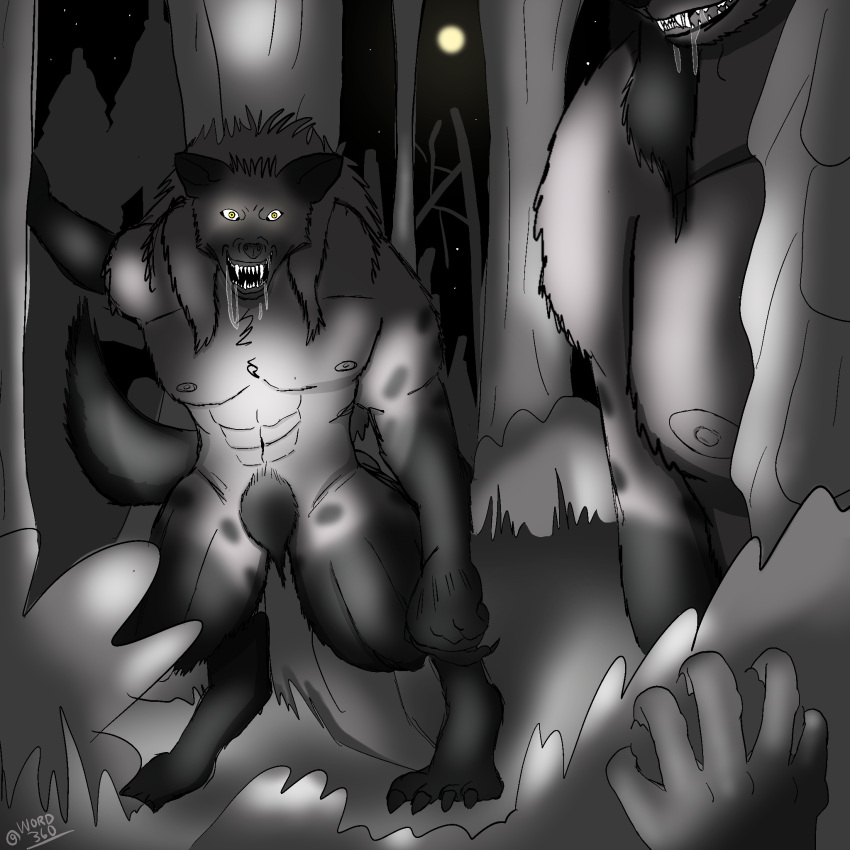 1:1 abs anthro areola baring_teeth bodily_fluids crotch_tuft dark drooling fangs first_person_view flashlight forest forest_background full_moon glowing glowing_eyes gnoll group hi_res human human_pov humanoid hyaenid male mammal markings moon muscular nature nature_background night nipples plant saliva sharp_teeth snarling spots spotted_markings star teeth tree tuft word360 yellow_eyes