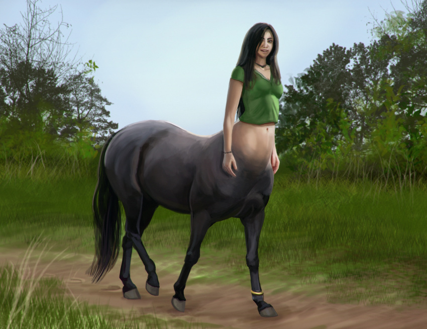 2020 black_body black_hair breasts centaur clothing day equid equid_taur female grass green_clothing green_shirt green_topwear hair hi_res hooves humanoid_taur liminalbean long_hair looking_at_viewer mammal mammal_taur navel outside plant shirt smile solo taur topwear tree walking