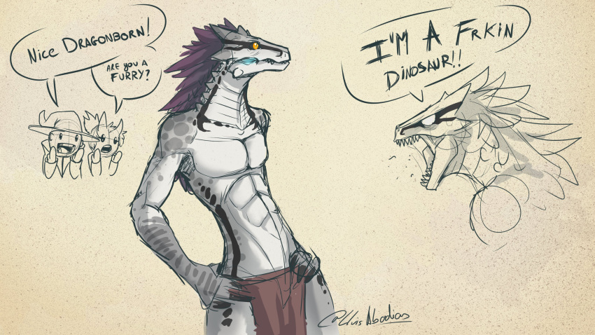 16:9 abs absurd_res angry anthro biped bottomwear clothed clothing dialogue grey_body grey_scales hi_res lizard lluisabadias loincloth open_mouth reptile scales scalie simple_background sketch speech_bubble teeth topless widescreen yelling
