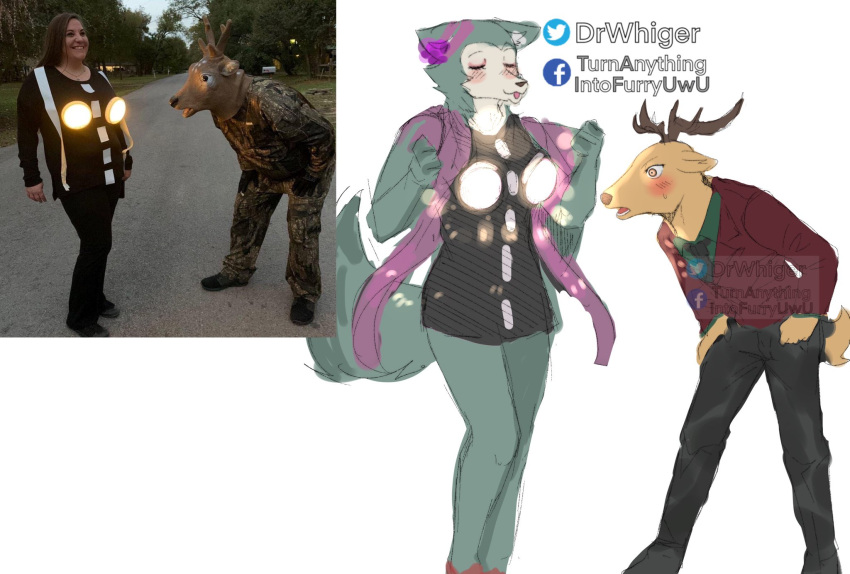 2021 alternate_species anthro beastars biped blush bottomwear clothed clothing costume crossgender dr.whiger duo female furrification halloween_costume hi_res human humor legoshi_(beastars) louis_(beastars) male mammal real signature topwear watermark