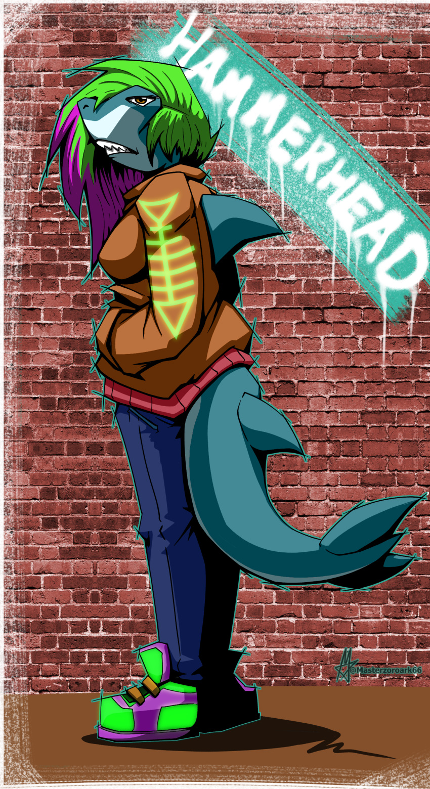 absurd_res anthro bottomwear brick bright clothing denim denim_clothing english_text female fin fish fishbone footwear glistening glistening_hair glowing graffiti ground_shark hair hammerhead hammerhead_shark hi_res jeans long_hair marine masterzoroark666 paint pants shark shoes simple_background sneakers spray_paint street_wear teeth text