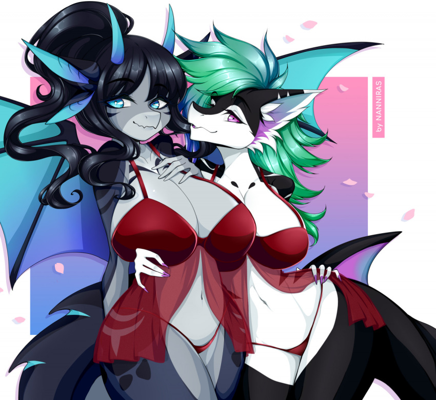 2021 2_horns 4_ears anthro bat_wings big_breasts big_ears black_body black_hair blue_eyes blue_wings breasts cera_(vulpisshadowpaws) cleavage clothed clothing colored_nails countershading curled_tail curvaceous curvy_figure cute_fangs digital_media_(artwork) dragon duo female fish grey_body hair hand_on_breast hand_on_hip horn inner_ear_fluff lingerie long_ears looking_at_viewer marine membrane_(anatomy) membranous_wings multi_ear nails nanniras negligee nightgown open_mouth panties petals purple_eyes purple_nails red_clothing red_panties red_underwear seductive shaded shark short_hair signature simple_background small_waist smile snout spread_wings standing thick_thighs thigh_up tuft underwear valerie_(vulpisshadowpaws) voluptuous white_body white_countershading wings