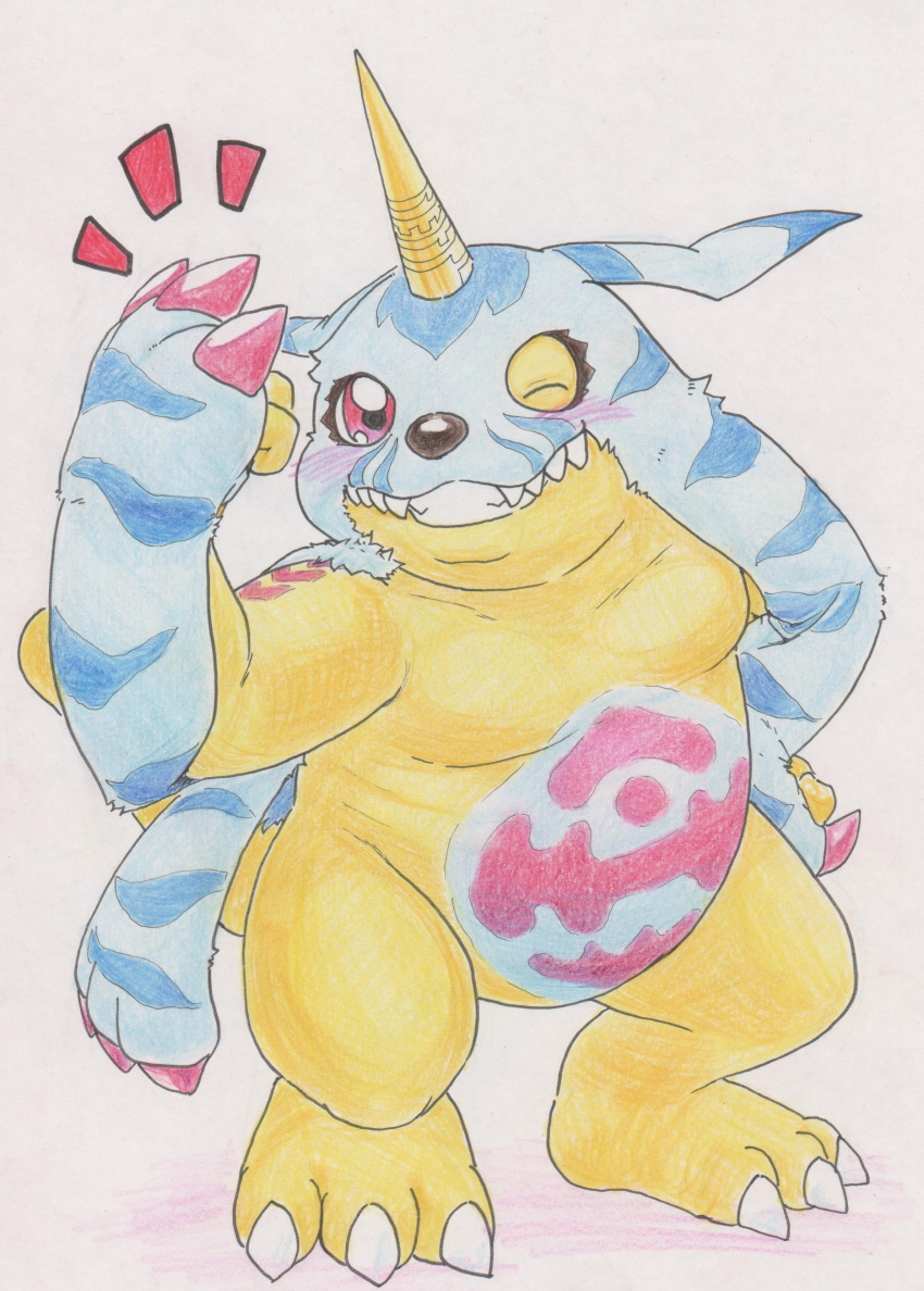 absurd_res ambiguous_gender animal_skin anthro bandai_namco belly blush claws digimon digimon_(species) fur gabumon grin hi_res horn simple_background slightly_chubby smile solo striped_body striped_fur stripes tabasukotrr traditional_media_(artwork) white_background yellow_body