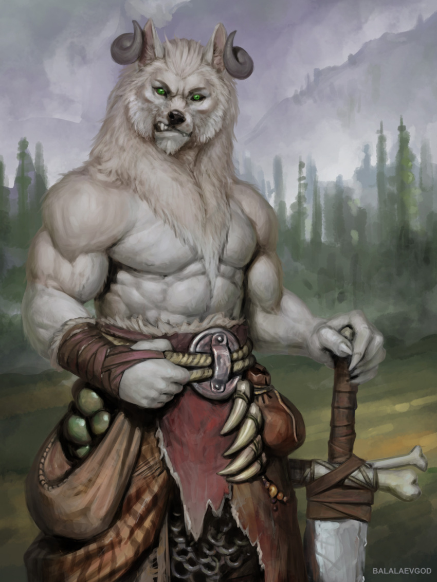 abs anthro balalaevgod barbarian biceps big_muscles biped canid canine canis domestic_dog fur hi_res horn husky male mammal muscular muscular_anthro muscular_male nordic_sled_dog solo spitz vann_(felwinn) weapon