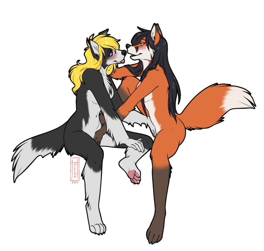 2019 4_toes 5_fingers alpha_channel anthro barefoot black_body black_fur black_hair blep blonde_hair blush breasts canid canine canis chest_tuft claws collie dipstick_ears dipstick_tail domestic_dog duo eye_contact facial_markings feet female female/female fingering fingers fox fur gloves_(marking) hair head_markings herding_dog hi_res houkuko inner_ear_fluff leg_markings looking_at_another mammal markings multicolored_body multicolored_ears multicolored_fur mutual_masturbation muzzle_(marking) nude orange_body orange_fur pastoral_dog pawpads sheepdog side_boob simple_background snout snout_markings socks_(marking) tail_markings toe_claws toes tongue tongue_out transparent_background tuft two_tone_body two_tone_fur vaginal vaginal_fingering white_body white_fur