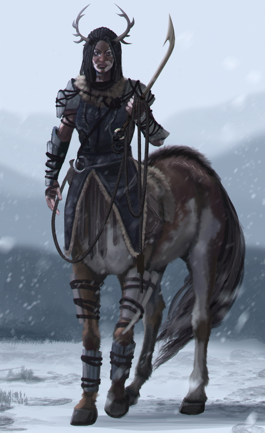 2021 absurd_res armor black_body black_skin braided_hair brown_body brown_fur centaur day equid equid_taur female fur grass hair hi_res holding_object holding_weapon hooves horn humanoid_taur liminalbean mammal mammal_taur outside plant snow solo standing tattoo taur weapon