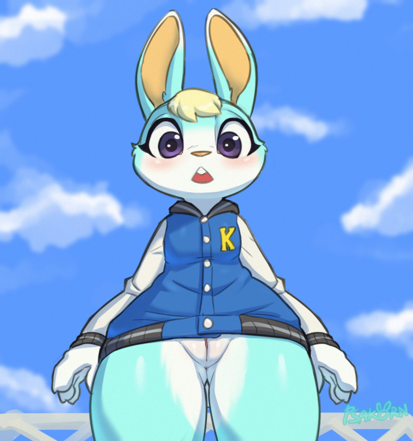 2021 4_fingers animal_crossing anthro blonde_hair blue_clothing blue_topwear blush bottomless buckteeth butt_from_the_front clothed clothing cloud crossgender digital_media_(artwork) ears_up female fingers fur genitals green_body green_fur hair hi_res lagomorph leporid looking_at_viewer low-angle_view mammal mtf_crossgender multicolored_body multicolored_clothing multicolored_fur multicolored_topwear nintendo open_mouth outside partially_clothed perineum psakorn_tnoi purple_eyes pussy rabbit sasha_(animal_crossing) shaded signature sky solo standing teeth topwear video_games white_body white_clothing white_fur white_topwear