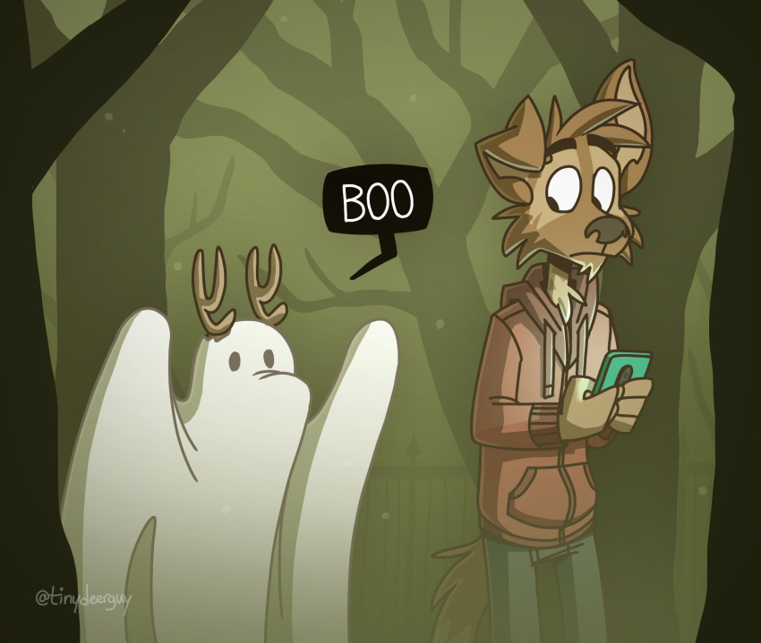 anthro antlers blue_bottomwear blue_clothing blue_pants bottomwear brown_body brown_fur brown_nose canid canine canis cellphone clothing domestic_dog duo fence fur ghost_costume green_sky hi_res hoodie horn looking_down male mammal matt_riskely night outside pants phone plant signature tinydeerguy topwear tree