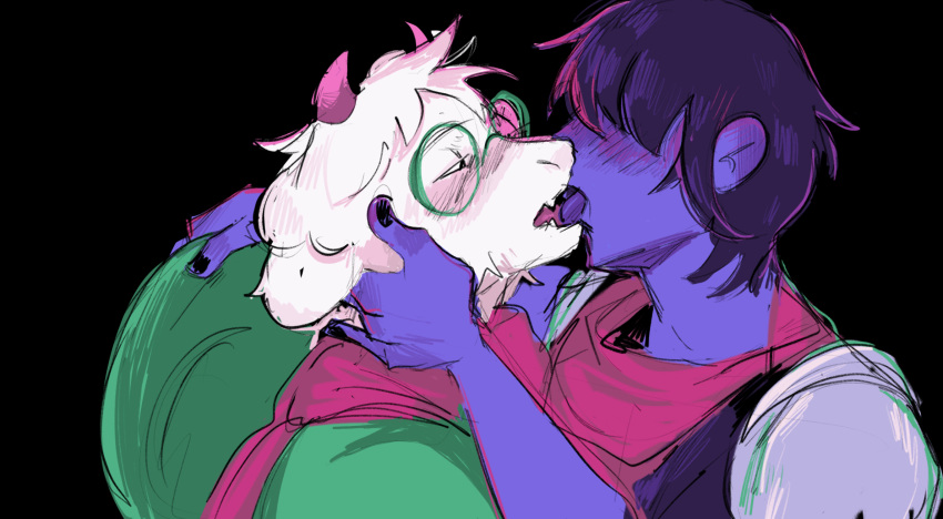 anthro blue_body blue_hair blue_skin blush bovid caprine deltarune duo french_kissing fur goat hair hi_res human human_on_anthro interspecies jetstarred kissing kris_(deltarune) male male/male mammal ralsei tongue undertale_(series) video_games white_body white_fur