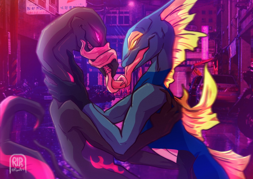 2020 ambiguous/ambiguous ambiguous_gender detailed_background duo eye_contact forked_tongue french_kissing gloves_(marking) glowing glowing_eyes hi_res inteleon kissing long_tongue looking_at_another markings nintendo pink_eyes pok&eacute;mon pok&eacute;mon_(species) prehensile_tongue rips_(artist) salazzle sharp_teeth teeth tongue tongue_wrap video_games yellow_eyes