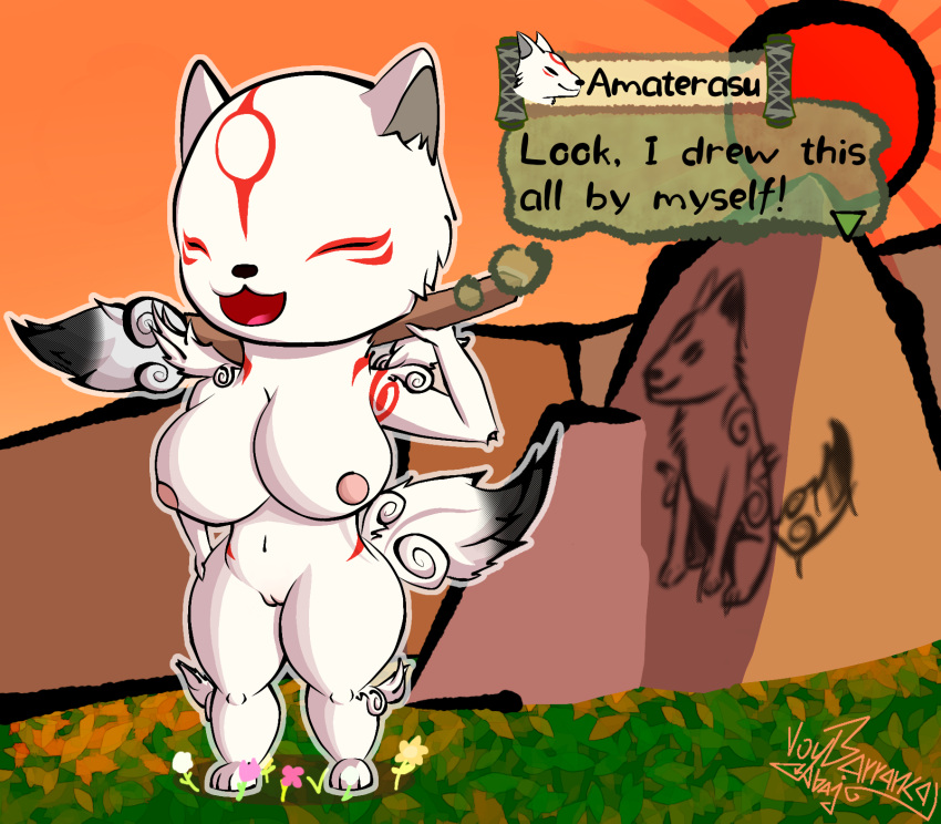 amaterasu anthro big_breasts big_tail breasts brush canid canine canis capcom curvy_figure deity detailed_background dialogue digital_media_(artwork) english_text eyes_closed female female_focus fur genitals hi_res ink mammal markings nipples nude open_mouth outline paintbrush pussy red_markings smile solo speech_bubble text thick_thighs tongue video_games voy_barranca_abajo white_body white_fur wide_hips wolf ōkami