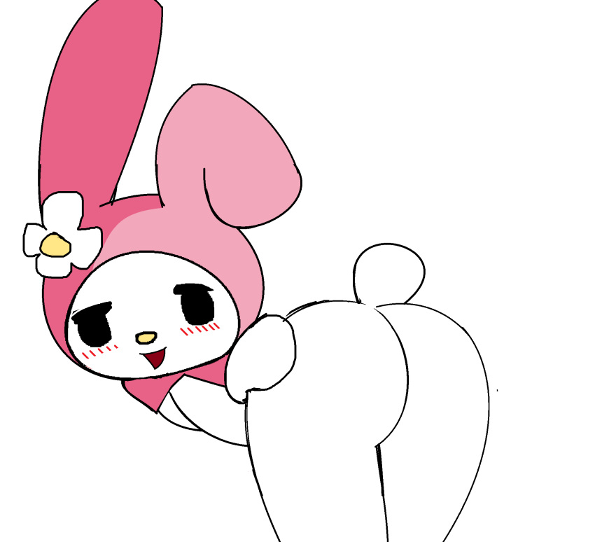 anthro ass_up blush butt female flower hi_res hood lagomorph leporid looking_at_viewer looking_back mammal my_melody onegai_my_melody pencil_bolt plant presenting presenting_hindquarters rabbit sanrio simple_background smile solo standing white_background white_body