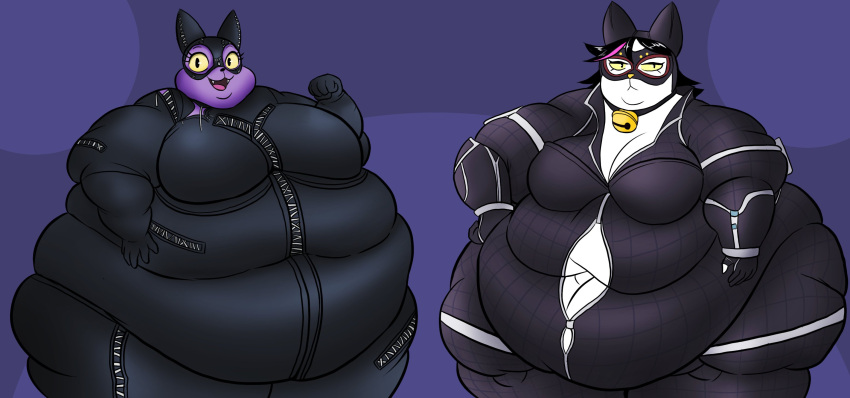 anthro bell bell_collar belly big_belly big_breasts black_hair bodysuit bored breasts broken_zipper catti_(deltarune) catty_(undertale) catwoman chubby_cheeks cleavage clothed clothing collar cosplay dc_comics deep_navel deltarune dewlap_(anatomy) domestic_cat double_chin duo fangs felid feline felis female flabby_arms front_view frown fur gloves hair half-closed_eyes hand_on_hip handwear hi_res highlights_(coloring) huge_breasts huge_hips huge_thighs jingle_bell love_handles mammal mask morbidly_obese morbidly_obese_anthro morbidly_obese_female narrowed_eyes navel obese obese_anthro obese_female open_mouth open_smile open_zipper overweight overweight_anthro overweight_female partially_clothed pink_highlights portrait purple_body purple_fur roxas617 sibling simple_background sister sisters skinsuit smile standing thick_thighs three-quarter_portrait tight_clothing undertale_(series) video_games white_body white_fur wide_hips yellow_sclera zipper