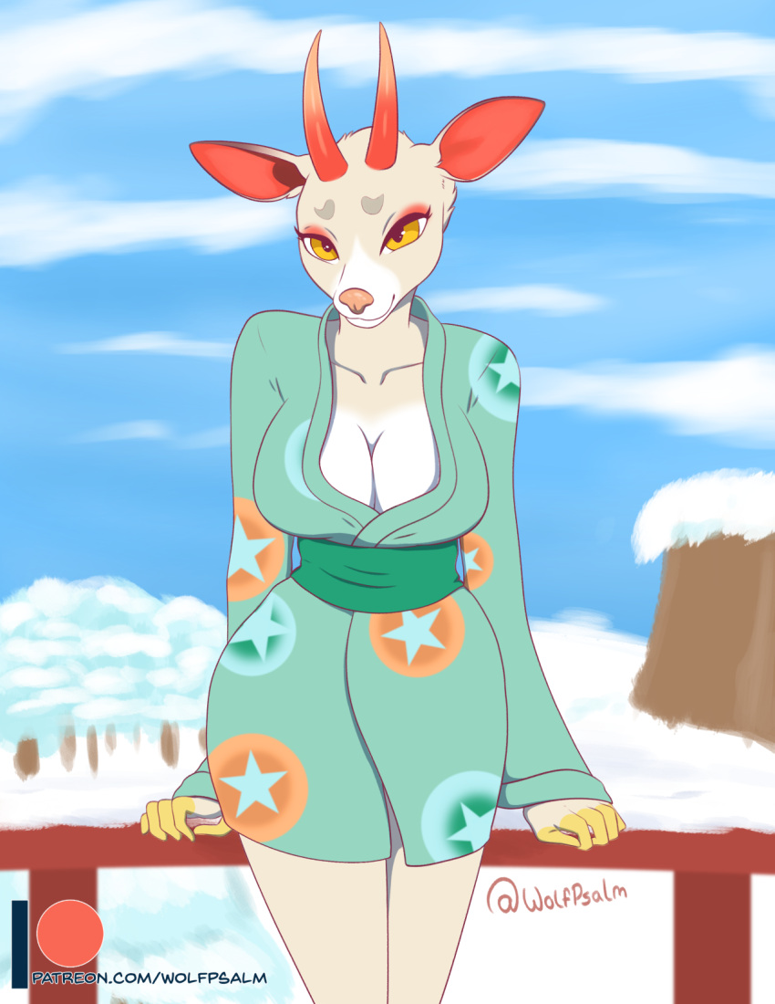 animal_crossing anthro asian_clothing breasts cervid cleavage clothed clothing digital_media_(artwork) east_asian_clothing female hi_res horn japanese_clothing kimono mammal nintendo shino_(animal_crossing) solo video_games winter wolfpsalm
