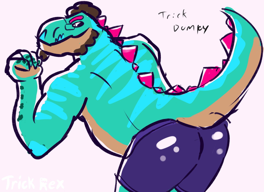 anthro back_horn boxers_(clothing) butt chubby_male clothing curled_hair dinosaur eyewear facial_hair glasses hair hi_res horn male reptile scalie sideburns solo stripes theropod trick_rex_(artist) trick_rex_(character) tyrannosaurid tyrannosaurus tyrannosaurus_rex underwear