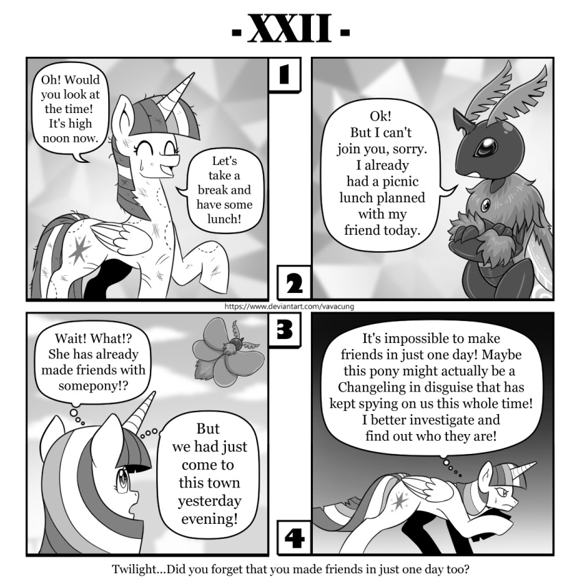 1:1 arthropod bite_mark comic dialogue english_text equid equine female flying friendship_is_magic hasbro hi_res horn insect lepidopteran mammal monochrome moth my_little_pony queen_chrysalis_(mlp) scuff sneaking text twilight_sparkle_(mlp) url vavacung winged_unicorn wings