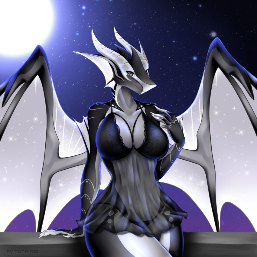 1:1 2020 5_fingers anthro big_breasts black_clothing black_lingerie black_panties black_underwear breasts cleavage clothed clothing curvaceous curvy_figure dragon female fingers grey_body grey_eyes grey_skin hi_res horn hourglass_figure lace lingerie looking_at_viewer moon nanniras navel nightgown panties sitting smile solo spread_wings star translucent translucent_clothing underwear voluptuous white_horn wings zuriel_(spacesharkarzul)