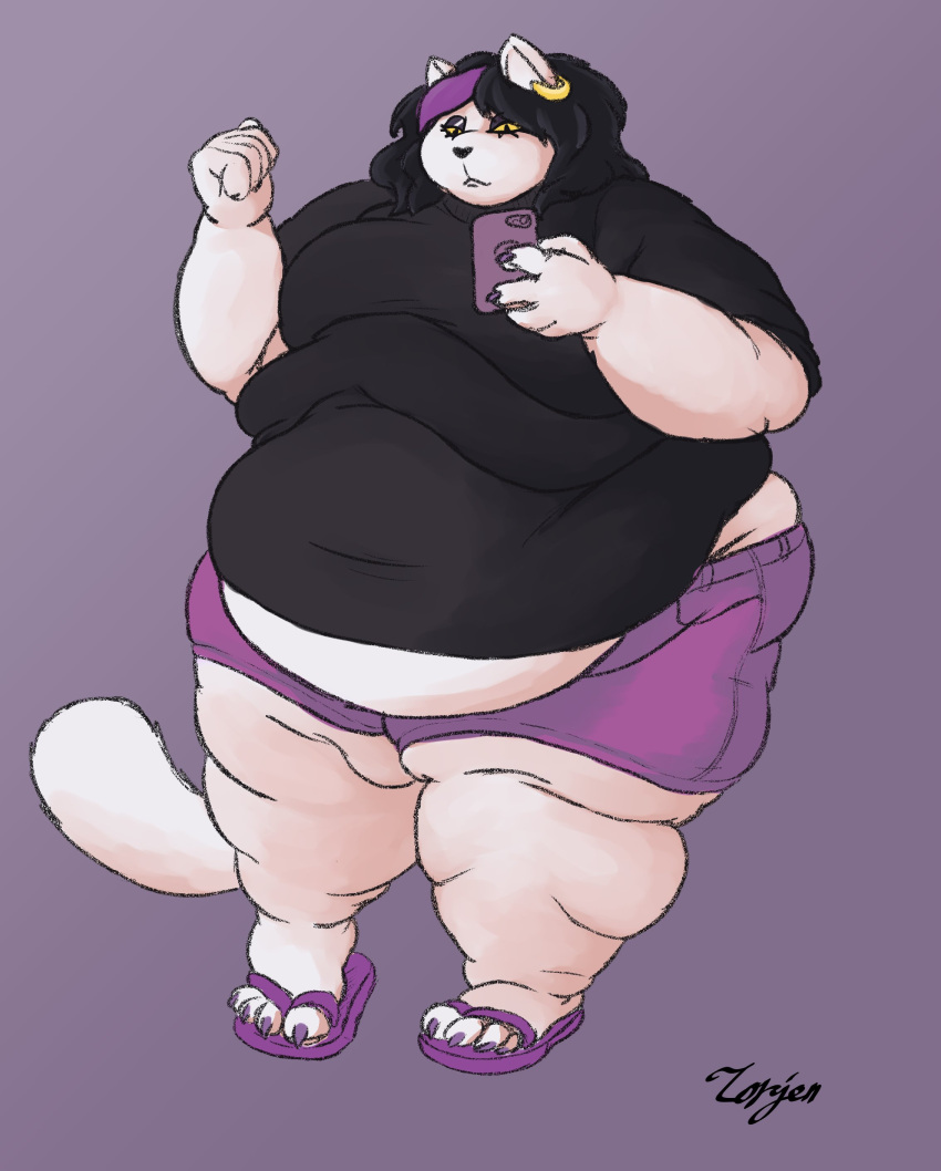 absurd_res anthro belly belly_overhang big_belly big_breasts black_hair bored bottomwear breasts catti_(deltarune) chubby_cheeks claws clothed clothing cutoffs deltarune denim denim_clothing domestic_cat english_text eyeshadow fat_rolls felid feline felis female flabby_arms footwear front_view frown full-length_portrait fur hair hi_res highlights_(coloring) holding_object holding_phone huge_thighs looking_at_object looking_at_phone looking_down love_handles makeup mammal morbidly_obese morbidly_obese_anthro morbidly_obese_female navel_outline obese obese_anthro obese_female overweight overweight_anthro overweight_female painted_claws phone pink_claws pink_highlights portrait sandals shirt short shorts signature simple_background solo standing text thick_thighs tight_bottomwear tight_clothing tight_shirt tight_shorts tight_topwear topwear torjen undertale_(series) video_games view white_body white_fur wide_hips