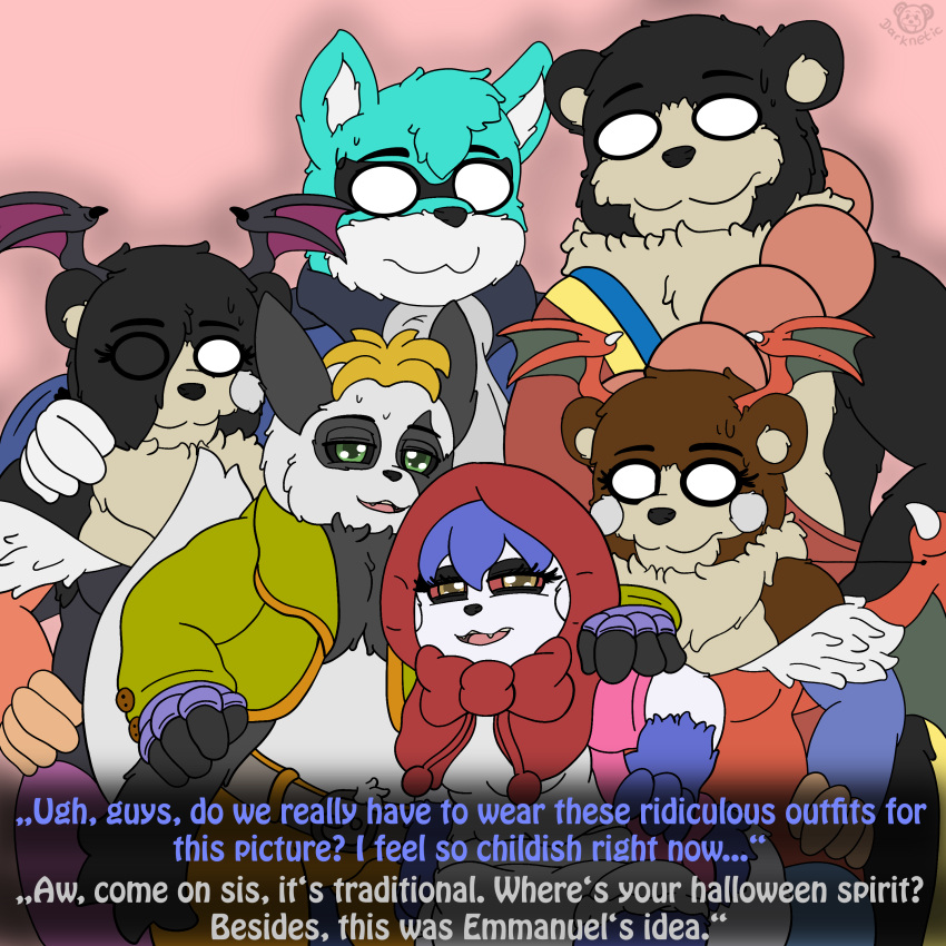 1:1 absurd_res amy_the_mystgoose anthro black_body black_eyes black_fur black_sclera blue_body blue_eyes blue_fur bottomwear brother brother_and_sister brown_body brown_fur canid canine capcom clothing cosplay costume darknetic darkstalkers daughter emmanuel_the_fox english_text family father female feral fox fur green_eyes group halloween halloween_costume hi_res holidays hybrid kuma_(darknetic) male mammal mocha_(darknetic) mystgoose nintendo pangoose pants parent pok&eacute;mon pok&eacute;mon_(species) ray_the_pangoose red_sclera ribbons sibling sister text turquoise_fur twins ursid video_games white_body white_fur willow_(darknetic) yellow_body yellow_eyes yellow_fur