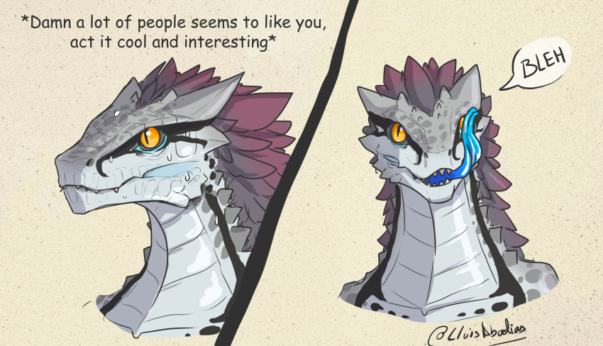 anthro blue_tongue bodily_fluids dialogue english_text grey_body hi_res humor licking lizard lluisabadias looking_at_viewer open_mouth reptile scalie simple_background solo speech_bubble sweat text tongue tongue_out
