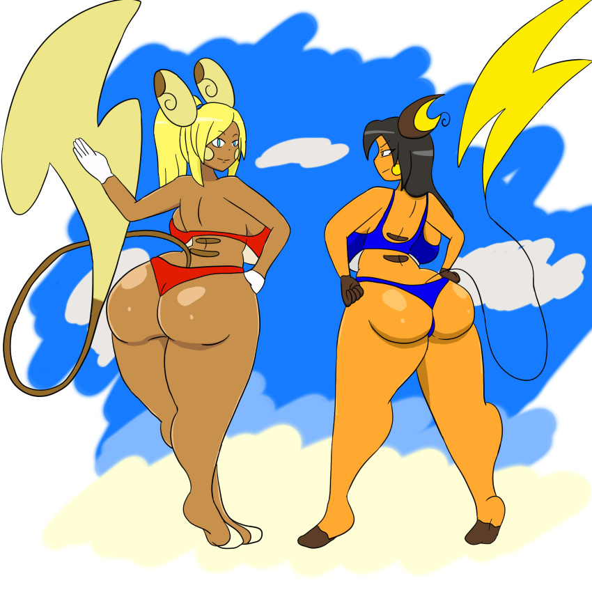 1:1 2016 alolan_raichu anthro beach big_breasts big_butt bikini black_hair blonde_hair blue_eyes breasts brown_body brown_eyes brown_fur brown_stripes butt clothing cousins curvy_figure digital_media_(artwork) duo feet female fingers fur hair hands_on_hips hi_res hourglass_figure huge_breasts huge_butt igphhangout looking_at_viewer looking_back mammal milliani_the_raichu_alolan_(igph) multicolored_body multicolored_fur nintendo outside pok&eacute;mon pok&eacute;mon_(species) ponytail rachel_the_raichu_(igph) raichu regional_form_(pok&eacute;mon) seaside simple_background smile striped_body striped_fur stripes swimwear tan_body tan_fur thick_thighs toes two_tone_body two_tone_fur under_boob video_games voluptuous white_body white_fur wide_hips yellow_body yellow_fur