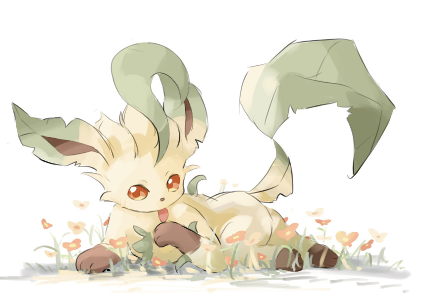 ambiguous_gender brown_body brown_fur brown_inner_ear dipstick_ears eeveelution feral flower full-length_portrait fur grass green_ears head_tuft hi_res leaf leaf_tail leafeon leg_markings licking looking_at_viewer lying mammal markings multicolored_body multicolored_ears multicolored_fur nintendo no_sclera nude on_front orange_eyes paws personal_grooming plant pok&eacute;mon pok&eacute;mon_(species) portrait quadruped self_lick simple_background socks_(marking) solo tongue tongue_out tsukiya_(rajx3523) tuft two_tone_ears video_games white_background yellow_body yellow_ears yellow_fur