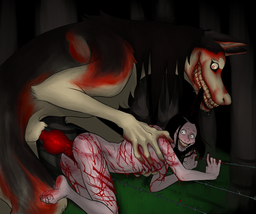 absurd_res anal anal_penetration animal_genitalia animal_penis anthro barbed_wire big_dom_small_sub black_hair blood bodily_fluids breadbitch420 butt canid canid_demon canine canis creepy creepypasta demon doggystyle domestic_dog dominant duo from_behind_position fur genital_fluids genitals gore grin hair hellhound hi_res human husky hybrid jeff_the_killer male male/male male_penetrated male_penetrating male_penetrating_male mammal nordic_sled_dog nude open_mouth penetration penile penile_penetration penis penis_in_ass pussy sex size_difference smile smile.dog spitz teeth wounded