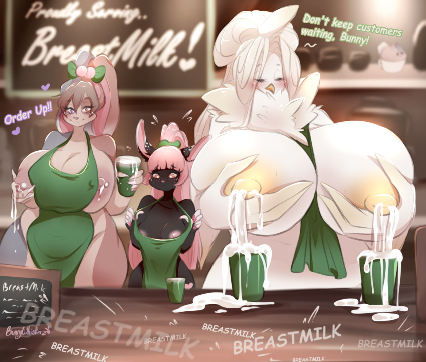 anthro apron apron_only avian big_breasts bird bodily_fluids breast_size_difference breasts bunny_(oc) bunnywhiskerz clothing digital_media_(artwork) female green_apron group huge_breasts hyper hyper_breasts i_mean_breast_milk lactating lagomorph larger_female leporid lolana_(bunnywhiskerz) mammal meme mostly_nude rabbit shaded size_difference smaller_female tapioca_(bunnywhiskers) trio