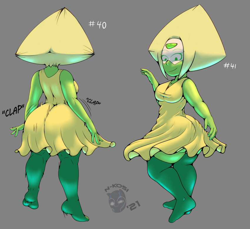 2021 absurd_res big_butt breasts butt cartoon_network clapping clothed clothing dress female fully_clothed gem_(species) hi_res humanoid legwear medium_breasts n-kosi not_furry peridot_(steven_universe) rear_view short_stack solo steven_universe sundress thick_thighs thigh_highs twerking wide_hips