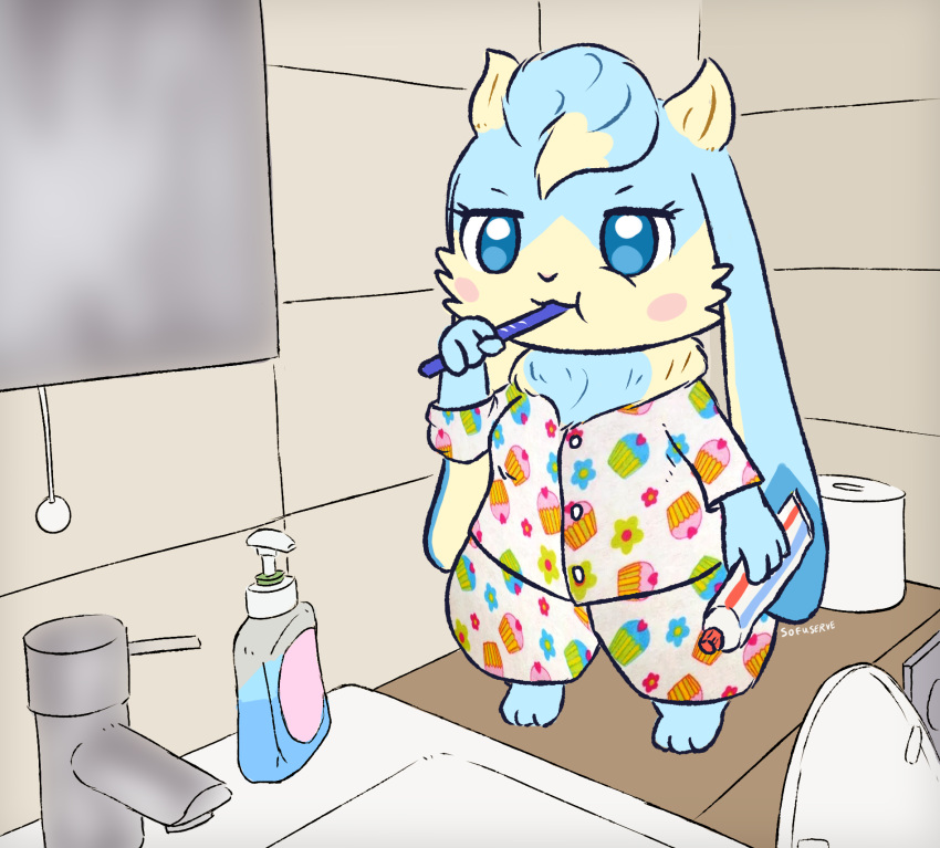 2021 bathroom blue_body blue_eyes blue_fur blush brush brushing brushing_teeth chibi clothed clothing dewlap_(anatomy) digital_media_(artwork) female floppy_ears fur hi_res holding_object kemono lagomorph leporid long_ears lop_ears mammal mirror multicolored_body multicolored_fur pajamas pyritie rabbit semi-anthro sink soap sofu_(pyritie) solo swirl tan_body tan_fur thick_thighs toilet toilet_paper toothbrush toothpaste topwear two_tone_body two_tone_fur