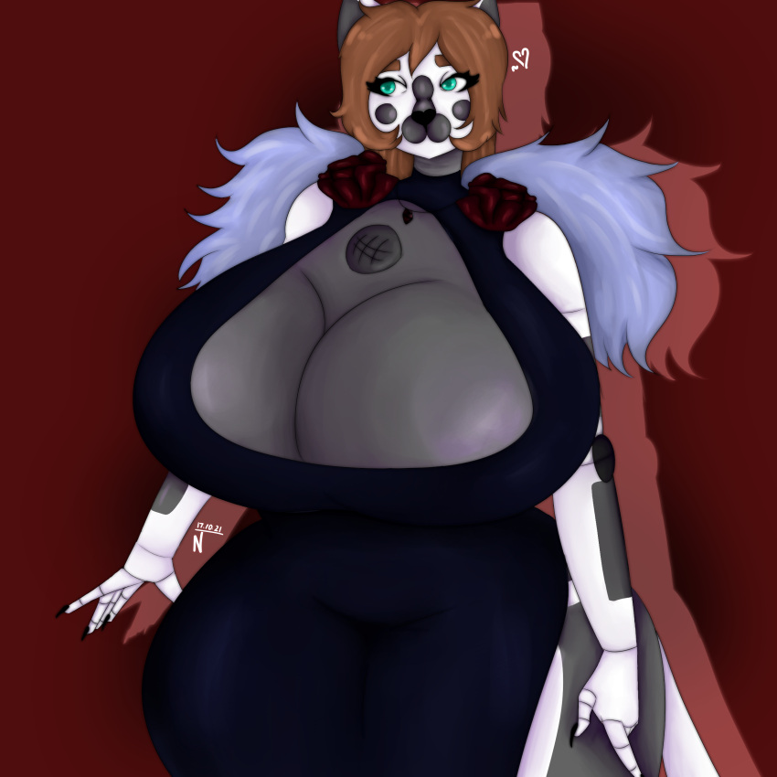 1:1 absurd_res animatronic anthro big_breasts blue_eyes breasts brown_hair cleavage_cutout clothing domestic_cat dress elegance elegant felid feline felis female fighter_of_the_stars hair hi_res huge_breasts hyper hyper_breasts machine mammal noz_(fots) robot solo solo_focus thick_thighs tight_clothing