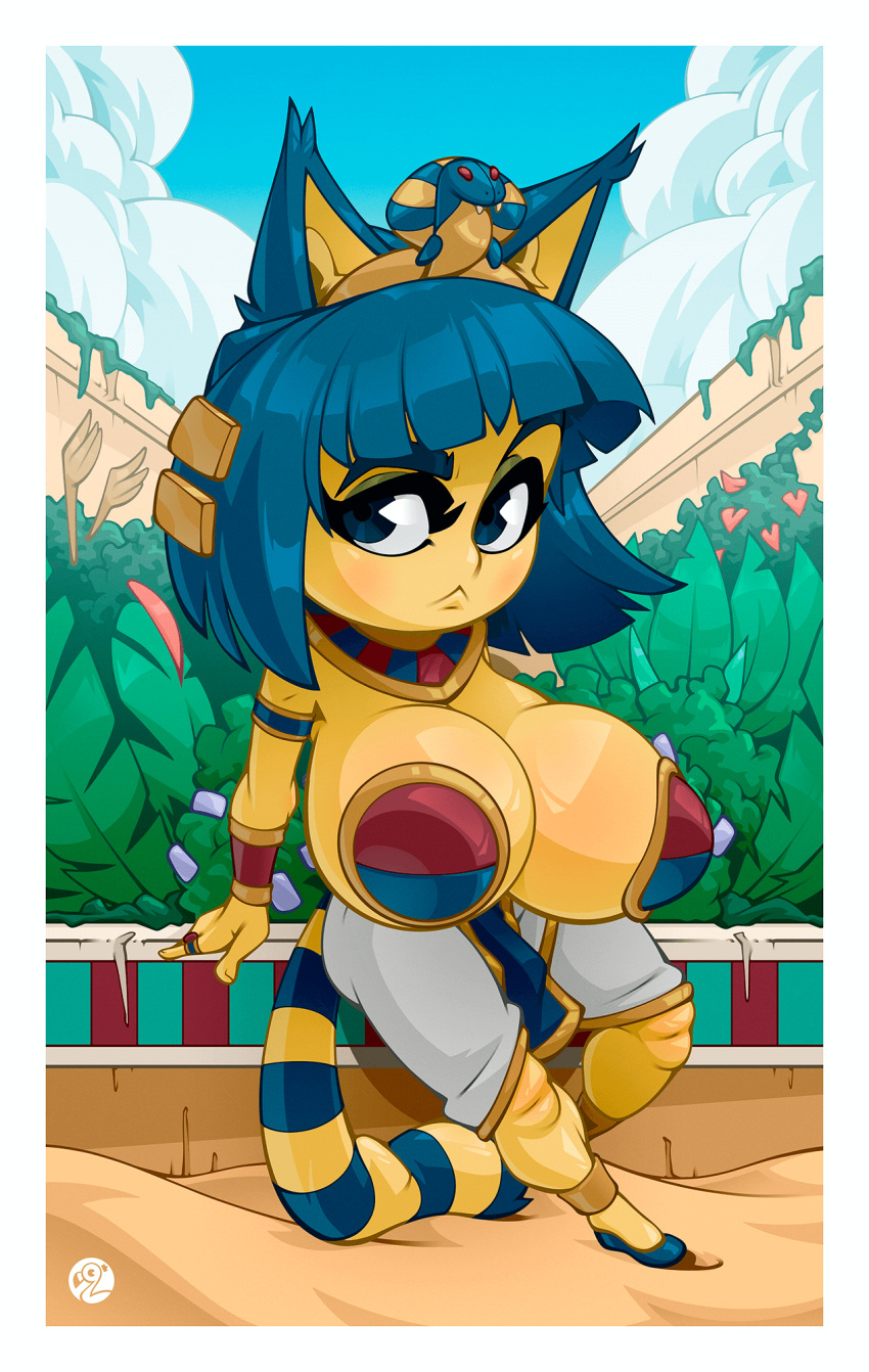 animal_crossing ankha_(animal_crossing) anthro big_breasts blue_eyebrows blue_eyes blue_hair border breasts clothed clothing cloud day domestic_cat doppledadko eyebrows felid feline felis female fingers hair hi_res huge_breasts mammal nintendo outside solo uraeus video_games white_border yellow_body