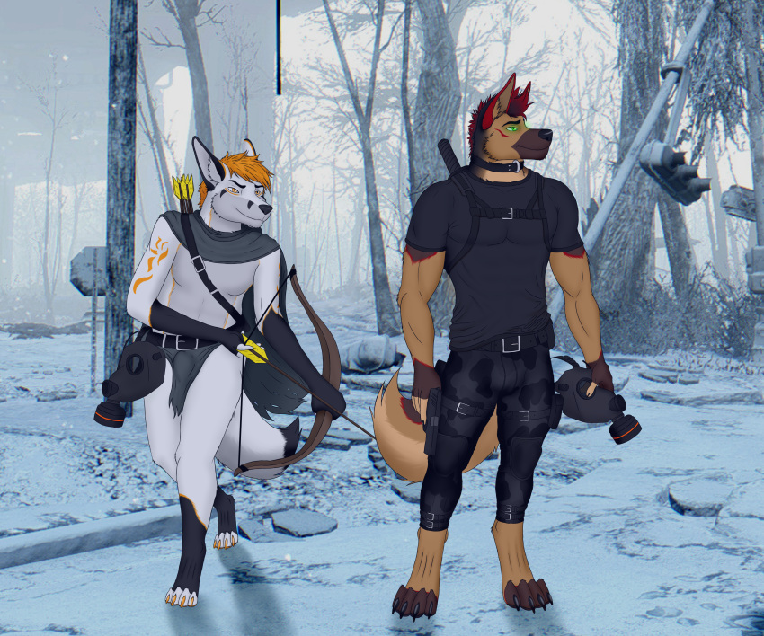 6:5 absurd_res anthro arctic_fox arrow bethesda_softworks biceps bow_(weapon) canid canine canis clothed clothing collar digital_media_(artwork) domestic_dog dronick duo fallout fox gas_mask german_shepherd gun hair handgun herding_dog hi_res holding_object holding_weapon male male/male mammal mask muscular muscular_male pastoral_dog pistol ranged_weapon teinwilde video_games weapon winter
