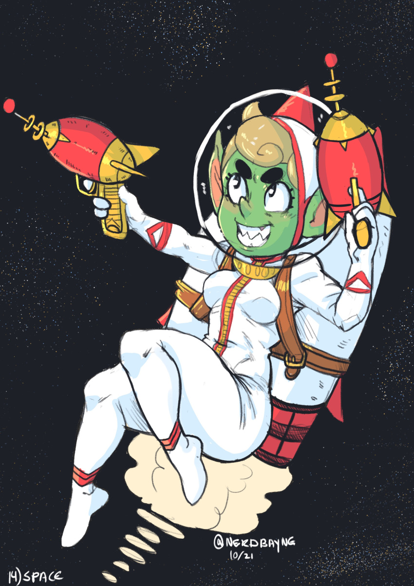 2021 absurd_res armor blonde_hair breasts clothed clothing digital_media_(artwork) eyebrows female fingers flying footwear goblin green_body green_skin gun hair handwear headgear helmet hi_res holding_object holding_weapon humanoid humanoid_pointy_ears jet_pack mammal nerdbayne not_furry open_mouth outerspace plantigrade ranged_weapon raygun shaded sharp_teeth signature smile space_helmet spacesuit teeth thick_eyebrows topwear weapon
