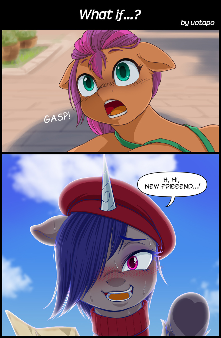 &lt;3 alternate_universe beret blue_hair blush bodily_fluids clothing comic dialogue english_text equid equine female gasp gasping gloomy_sonnet_(mlp) hair hair_over_eye hasbro hat headgear headwear hi_res horn mammal mlp_g5 my_little_pony one_eye_obstructed open_mouth purple_eyes sunny_starscout_(mlp) sweat sweater text topwear two_panel_image unicorn uotapo