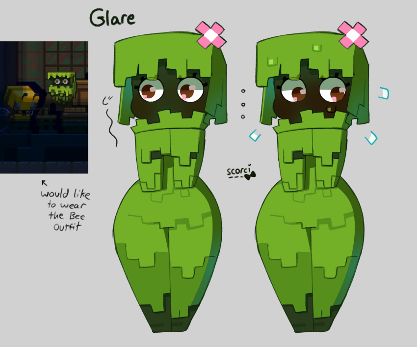 blush brown_eyes embarrassed female glare_(minecraft) green_body hi_res humanoid microsoft minecraft mojang plant scorci shy solo thick_thighs video_games xbox_game_studios