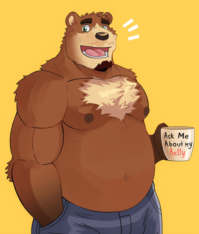 2021 anthro belly bottomwear brown_body brown_fur brown_nose clothing english_text fur hi_res humanoid_hands male mammal moobs mug naikuma nipples overweight overweight_male pants simple_background solo text ursid yellow_background