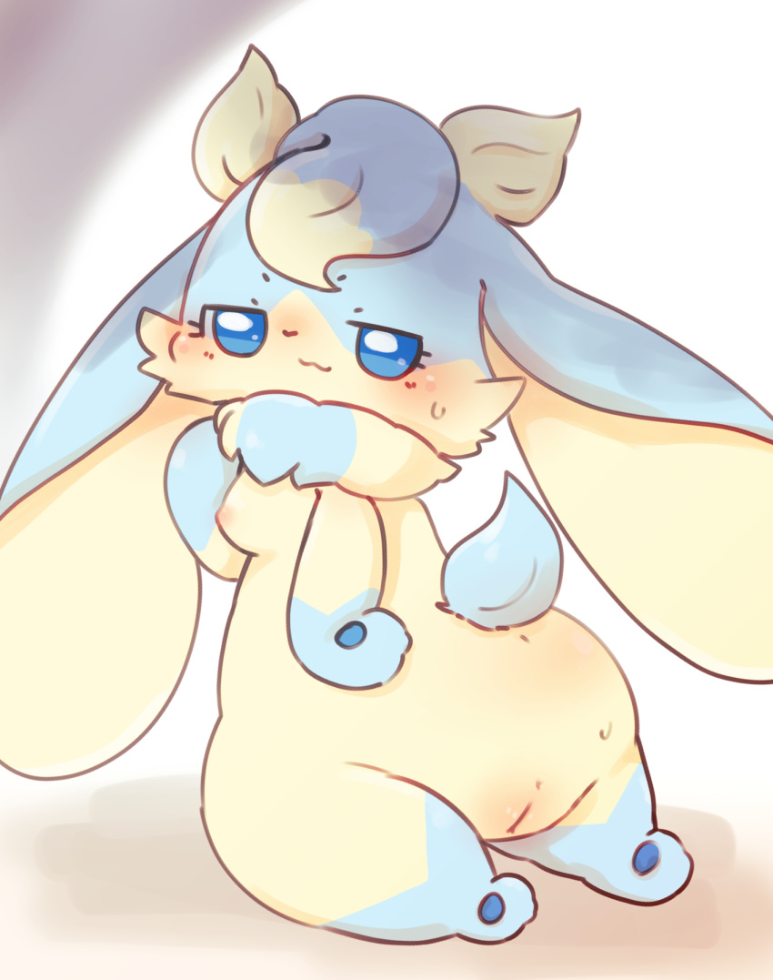 2021 big_butt blue_body blue_eyes blue_fur blush bodily_fluids breasts butt chibi dewlap_(anatomy) digital_media_(artwork) female floppy_ears fur genitals hi_res kemono lagomorph leporid long_ears looking_at_viewer looking_back looking_back_at_viewer lop_ears mammal multicolored_body multicolored_fur nipples nude open_mouth open_smile presenting presenting_hindquarters pussy rabbit rear_view sakaeguchi_okarina semi-anthro simple_background small_breasts smile sofu_(pyritie) solo sweat swirl tan_body tan_fur thick_thighs two_tone_body two_tone_fur