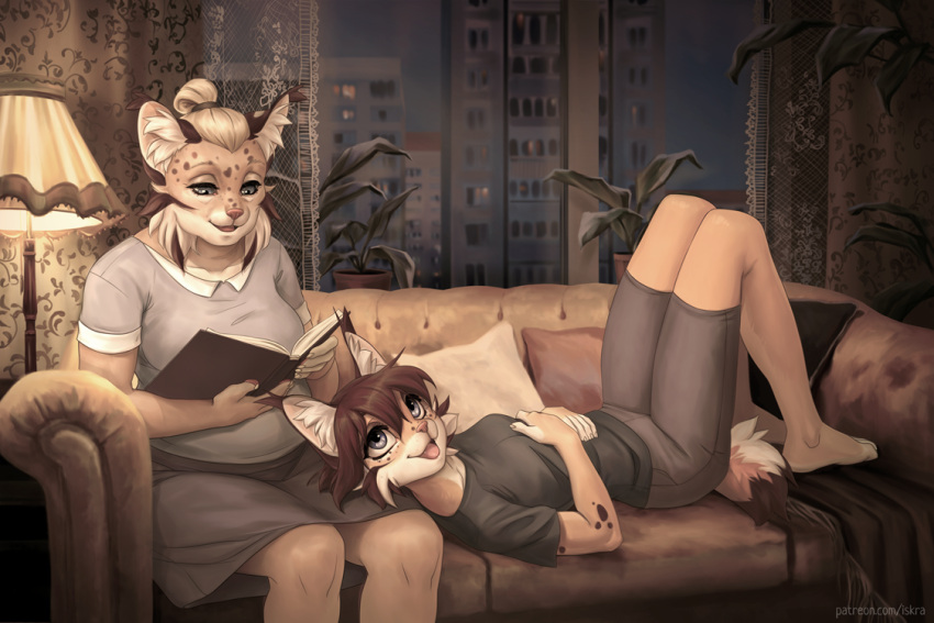 3:2 5_fingers anthro breasts brown_hair clothed clothing digital_media_(artwork) eyebrows eyelashes feet felid feline female fingers hair iskra kordi lying lynx mammal mature_anthro mature_female multicolored_body old open_mouth shaded smile toes