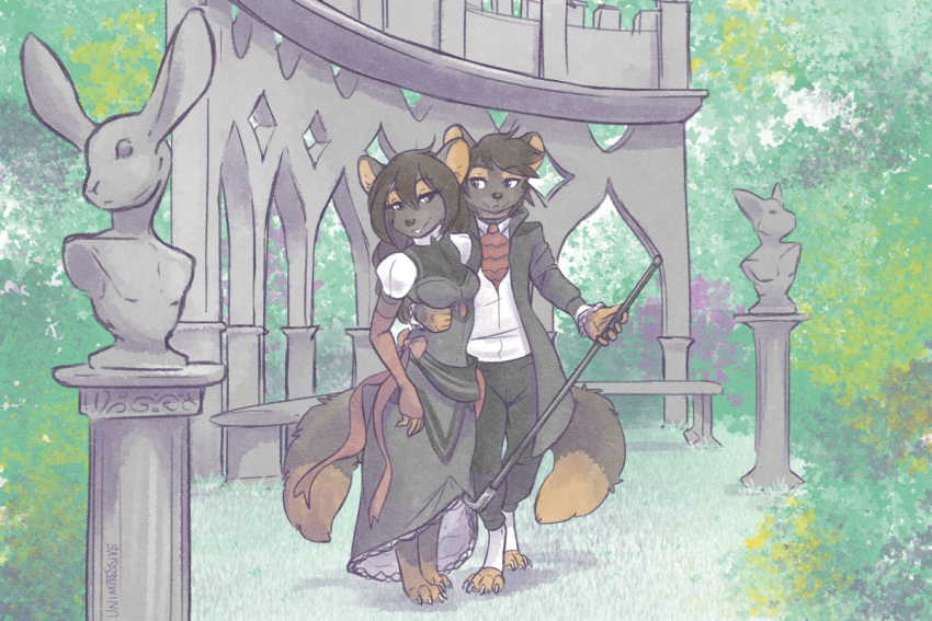 3:2 5_fingers 5_toes anthro breasts clothed clothing day detailed_background duo feet female fingers formal_wear fur garden gulonine hair male mammal marten mustelid musteline outside sculpture smile toes unimpressive_(artist) walking_stick