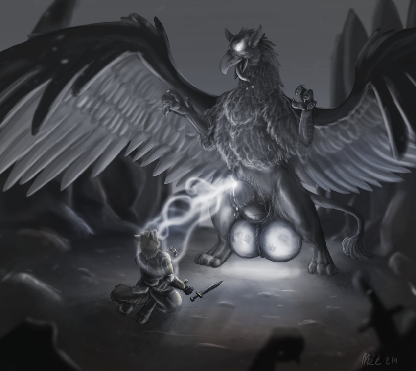 absorption_vore anthro anthro_prey avian balls big_balls bodily_fluids cock_vore duo feral feral_pred genital_fluids genitals glowing glowing_eyes gryphon gryphon_pred hi_res kneeling male melee_weapon mythological_avian mythology penile penis precum soul_stealing soul_vore sword thatgryphonguy tongue tongue_out vore weapon