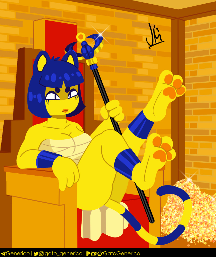 animal_crossing ankha_(animal_crossing) big_breasts bottomwear breasts butt clothing domestic_cat egyptian_clothing egyptian_mythology feet felid feline felis female gatogenerico hi_res mammal middle_eastern_mythology mythology nintendo nintendo_switch paws raised_leg skirt soles solo staff video_games