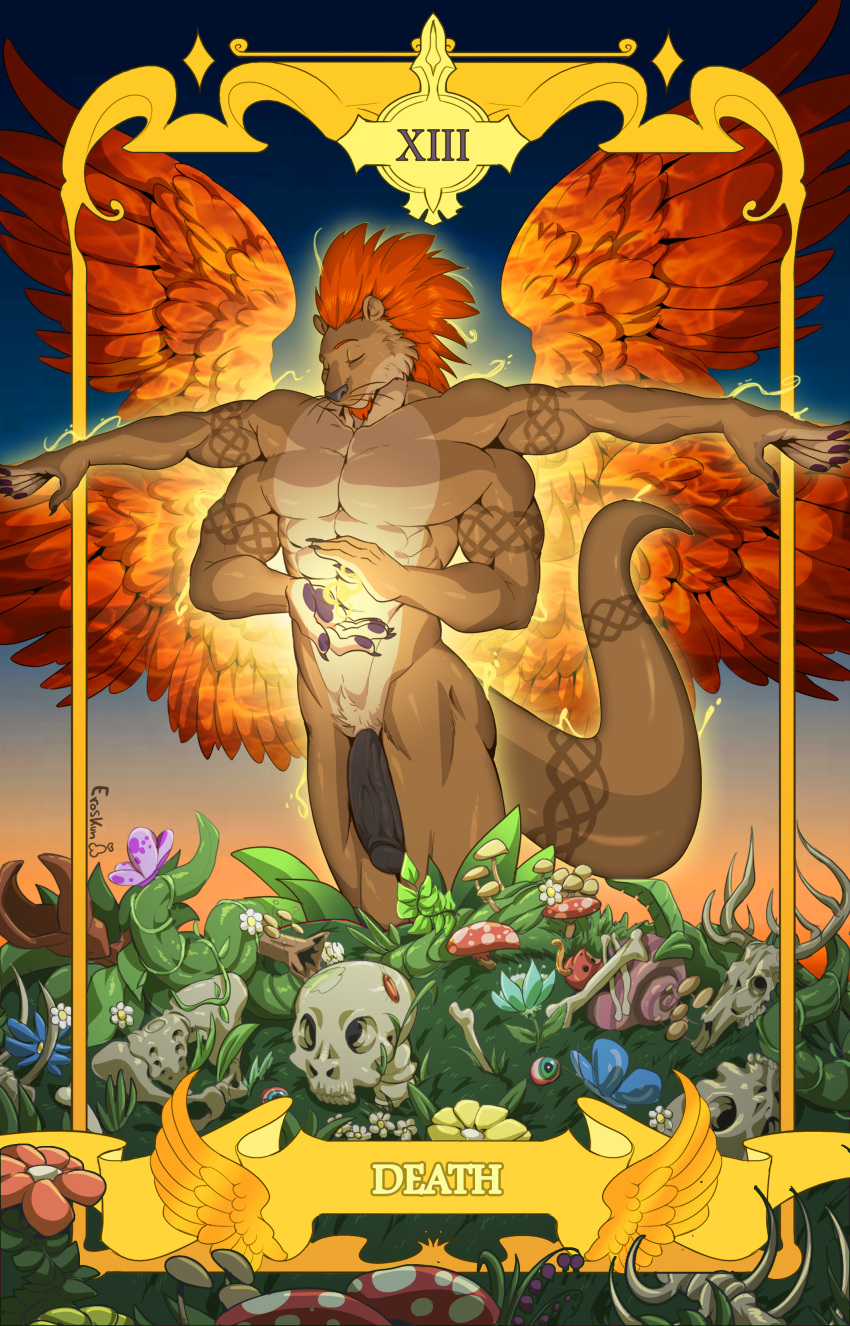 4_arms 4_pecs absurd_res angelic anthro black_penis card celtic_knot celtic_tattoos death_(tarot) energy_ball eroskun feathered_wings feathers fortune_telling genitals glowing glowing_body hair hi_res humanoid_genitalia humanoid_penis lutrine major_arcana male mammal membrane_(anatomy) multi_arm multi_limb multi_pec multi_pecs mustelid nude pecs penis red_hair tarot tarot_card thick_tail webbed_hands wings