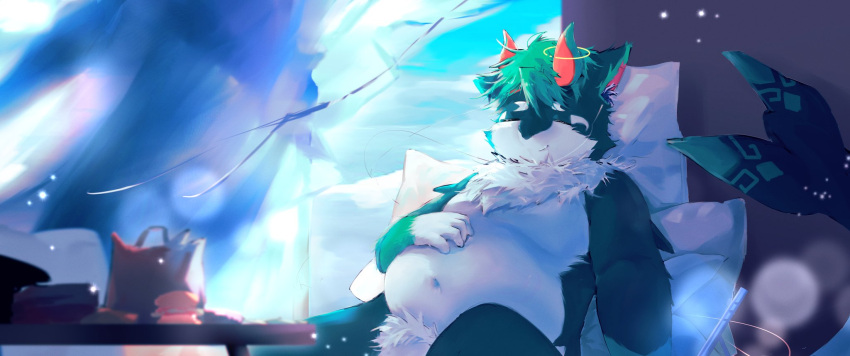 2021 anthro belly canid canine detailed_background eyes_closed genitals hi_res horn humanoid_hands inside kemono male mammal navel overweight overweight_male penis pillow pubes sitting solo white_body yimingsama young