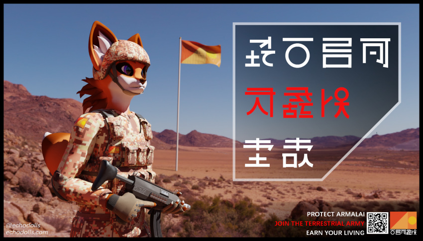 ambiguous_gender anthro armor canid canine combat_gear combat_gloves combat_helmet constructed_language desert digital_media_(artwork) echodoll echodolls echodolls_(band) english_text female_(lore) flag flagpole fox gun headgear helmet hi_res humanoid lafoyan maco_(echodolls) mammal military nature nature_background poster propaganda propaganda_poster qr_code ranged_weapon solo submachine_gun text trans_(lore) trans_woman_(lore) weapon worldbuilding